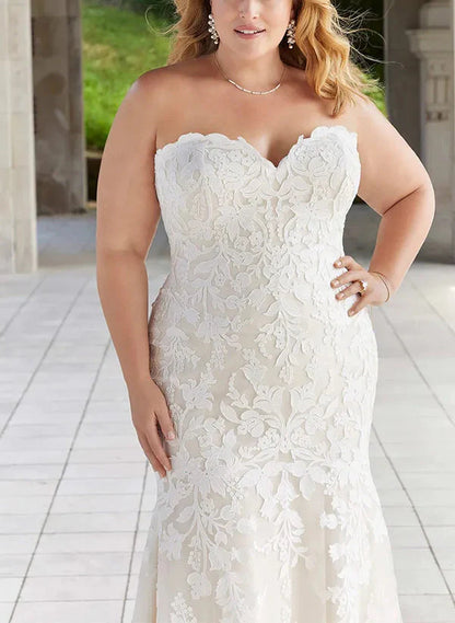 Wholesale Trumpet/Mermaid Off-The-Shoulder Plus Size Lace Wedding Dress With Applique