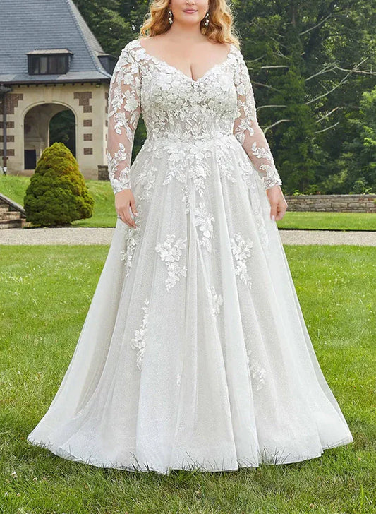 Wholesale A-Line/Princess V-Neck Long Sleeves Plus Size Lace Wedding Dress With Applique