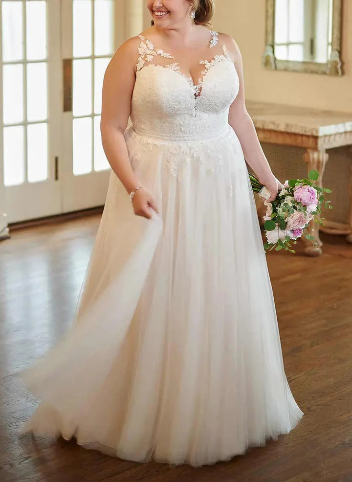 Wholesale A-Line/Princess V-Neck Plus Size Lace Wedding Dress With Applique