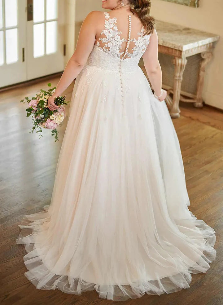 Wholesale A-Line/Princess V-Neck Plus Size Lace Wedding Dress With Applique