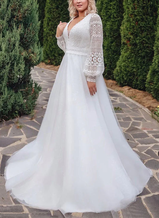 Wholesale A-Line/Princess V-Neck Plus Size Lace Wedding Dress With Applique