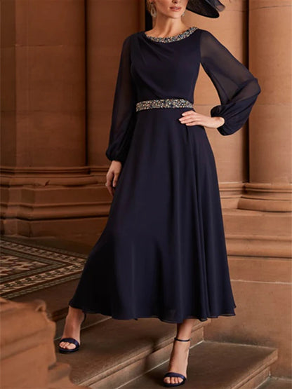 Wholesale A-Line/Princess Scoop Neck Long Sleeves Tea-Length Mother Of The Bride Dresses With Beading