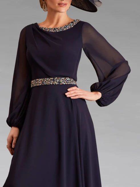 Wholesale A-Line/Princess Scoop Neck Long Sleeves Tea-Length Mother Of The Bride Dresses With Beading