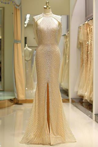 Wholesale Mermaid High Neck Floor Length Split Gold Prom Dresses with Sequins Beading