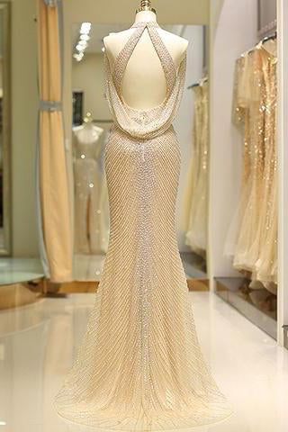 Wholesale Mermaid High Neck Floor Length Split Gold Prom Dresses with Sequins Beading