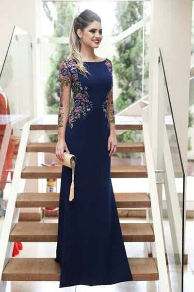 Wholesale Mermaid Long Sleeves Navy Blue Scoop Prom Dresses Long Formal Dresses