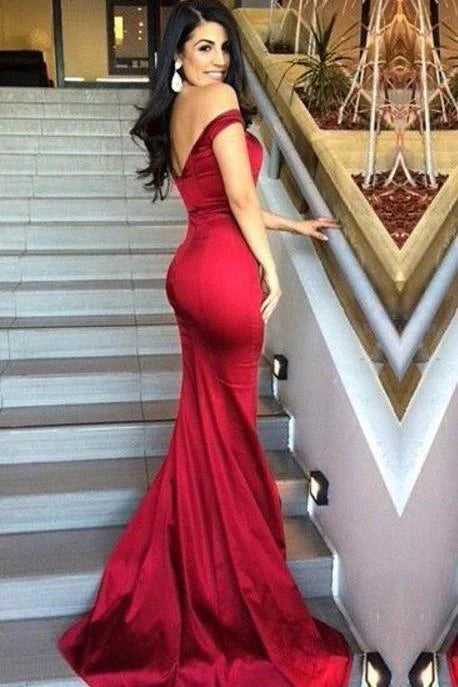 Wholesale Mermaid Red Off the Shoulder Red Long Prom Dresses Backless Evening Dresses