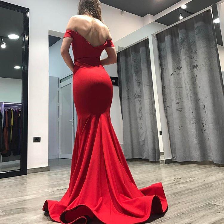 Wholesale Mermaid Red Off the Shoulder Red Long Prom Dresses Backless Evening Dresses