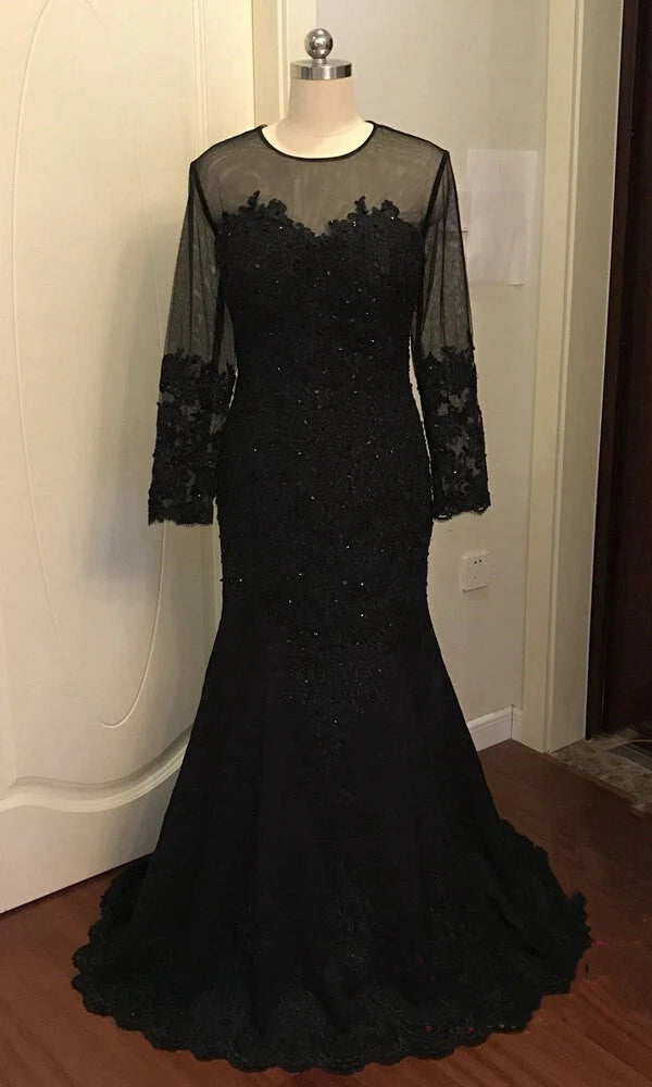 Wholesale Modset Mermaid Black Long Sleeves Prom Evening Dress with Appliques