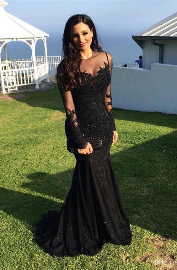 Wholesale Modset Mermaid Black Long Sleeves Prom Evening Dress with Appliques