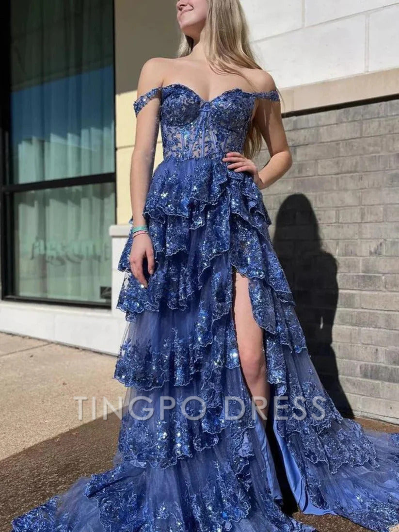 TingPo Wholesale Tulle Appliques Off-the-Shoulder Ruffle Long Prom Dress Sweetheart Tiered Skirt Corset Lace Formal Dresses