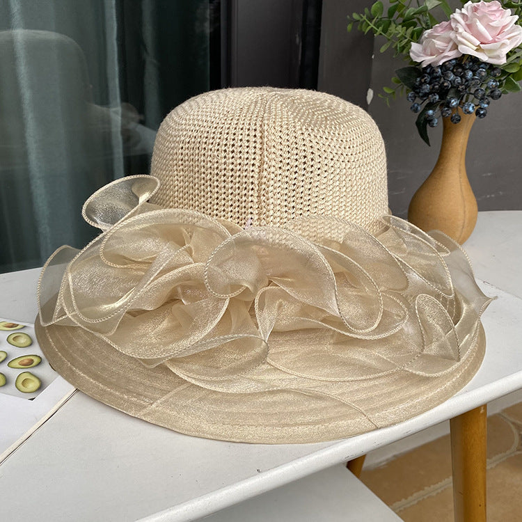 Wholesale Hats Headwear Organza Bucket Hat Floppy Hat Straw Hat Casual Holiday Elegant Vintage With Pure Color Lace Side Headpiece Headwear