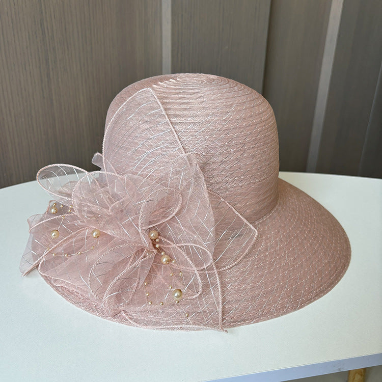 Wholesale Fascinators Hats Headwear Polyester Tulle Bucket Hat Floppy Hat Sun Hat Holiday Beach Elegant Retro With Feather Faux Pearl Headpiece Headwear