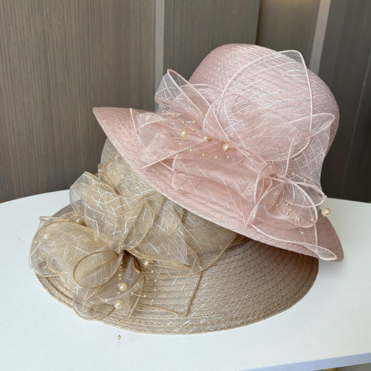 Wholesale Fascinators Hats Headwear Polyester Tulle Bucket Hat Floppy Hat Sun Hat Holiday Beach Elegant Retro With Feather Faux Pearl Headpiece Headwear