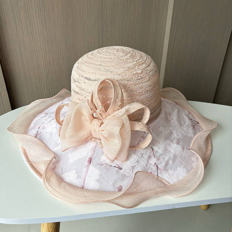 Wholesale Hats Headwear Polyester Organza Bucket Hat Floppy Hat Sun Hat Casual Holiday Elegant Vintage With Bowknot Flower Headpiece Headwear