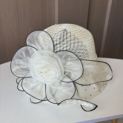 Wholesale Fascinators Hats Headwear Polyester Organza Bucket Hat Floppy Hat Sun Hat Holiday Beach Elegant Retro With Flower Polka Dot Headpiece Headwear