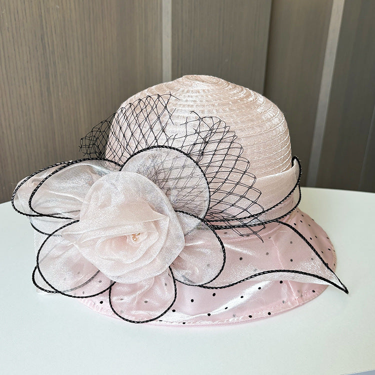 Wholesale Fascinators Hats Headwear Polyester Organza Bucket Hat Floppy Hat Sun Hat Holiday Beach Elegant Retro With Flower Polka Dot Headpiece Headwear