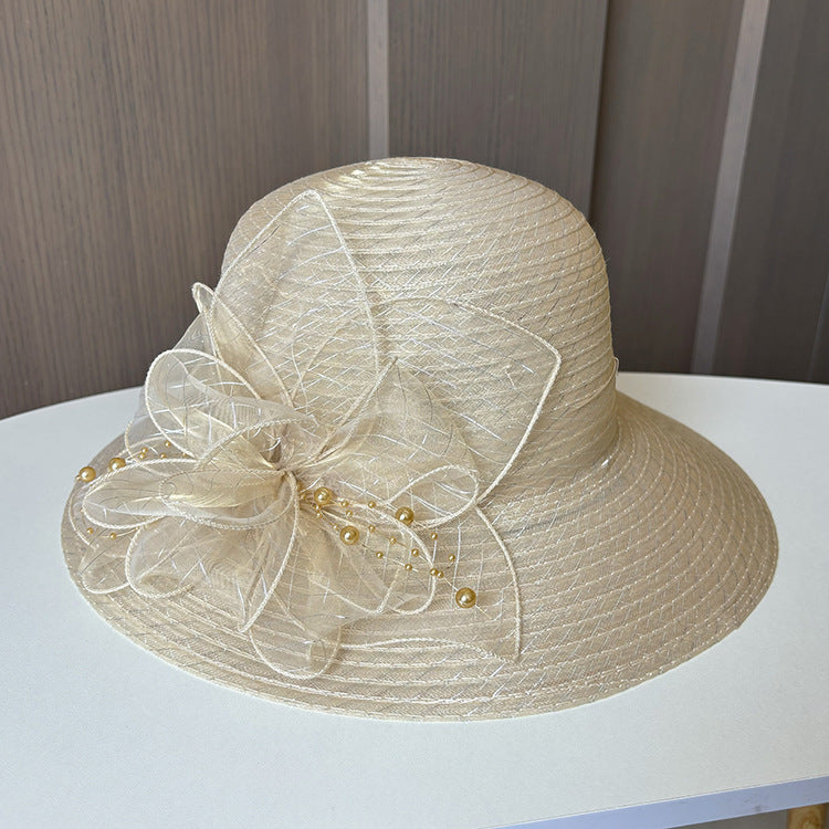 Wholesale Fascinators Hats Headwear Polyester Tulle Bucket Hat Floppy Hat Sun Hat Holiday Beach Elegant Retro With Feather Faux Pearl Headpiece Headwear