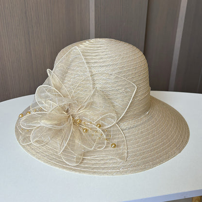 Wholesale Fascinators Hats Headwear Polyester Tulle Bucket Hat Floppy Hat Sun Hat Holiday Beach Elegant Retro With Feather Faux Pearl Headpiece Headwear