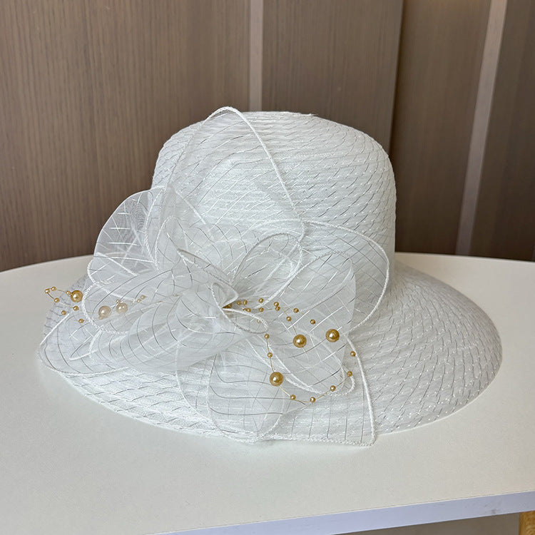 Wholesale Fascinators Hats Headwear Polyester Tulle Bucket Hat Floppy Hat Sun Hat Holiday Beach Elegant Retro With Feather Faux Pearl Headpiece Headwear