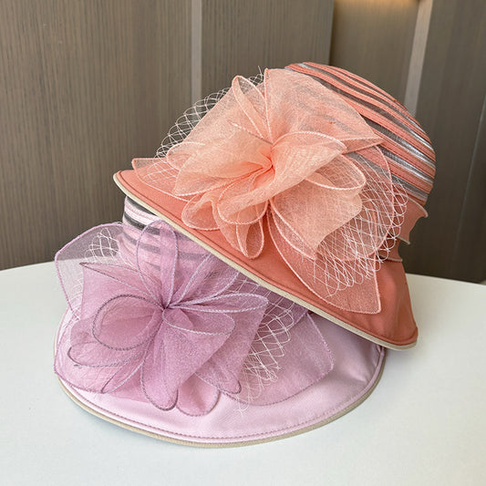 Wholesale Fascinators Hats Headwear Polyester Organza Bucket Hat Floppy Hat Sun Hat Wedding Casual Holiday Tea Party Beach Elegant Vintage With Flower Pure Color Headpiece Headwear