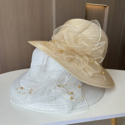 Wholesale Fascinators Hats Headwear Polyester Tulle Bucket Hat Floppy Hat Sun Hat Holiday Beach Elegant Retro With Feather Faux Pearl Headpiece Headwear