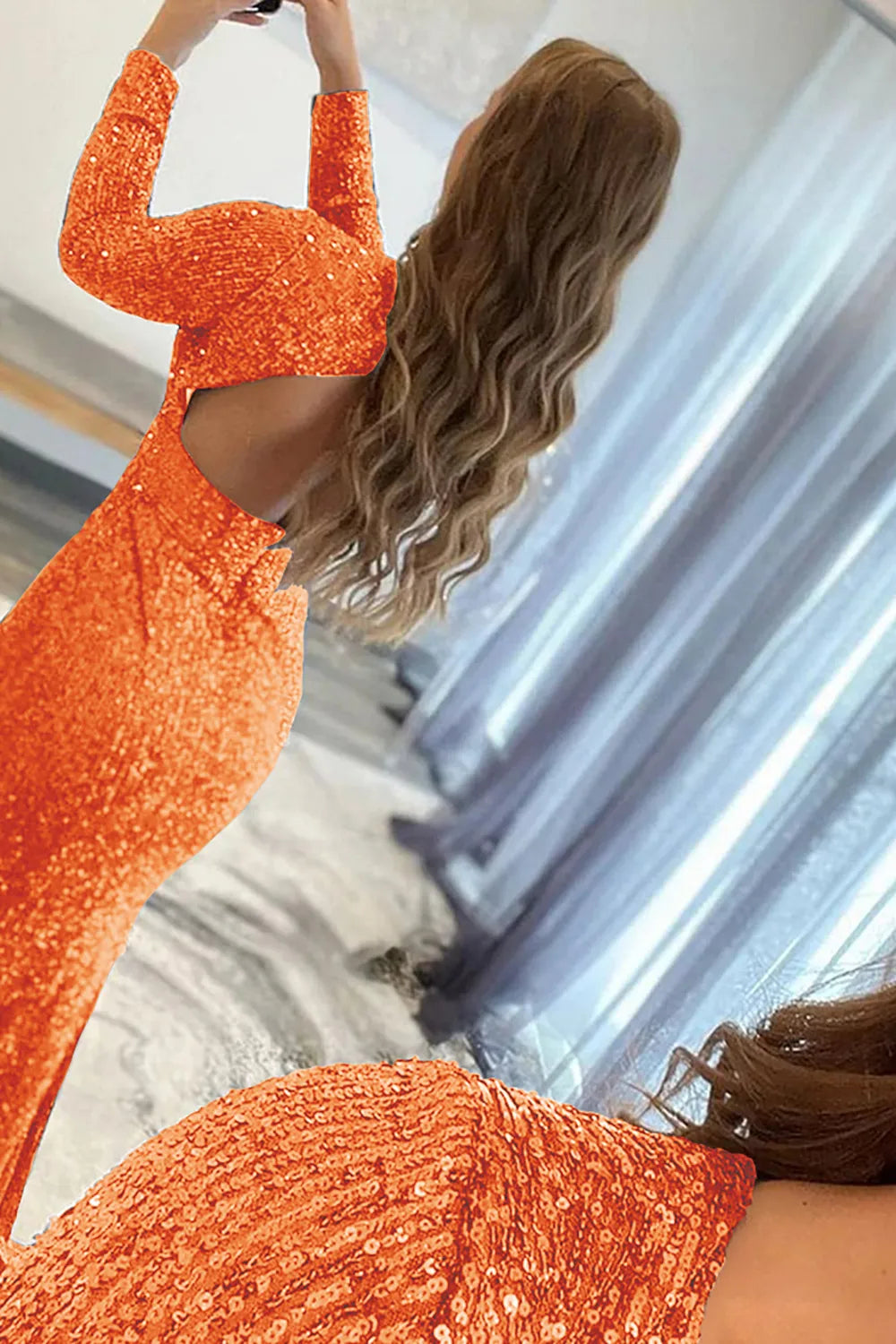 Wholesale Mermaid Glitter Orange Sequins Mesh Evening Dress Backless Prom Dress prom dresses shops