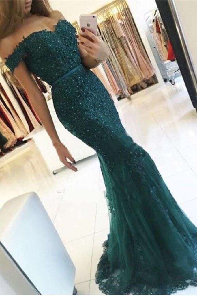 Wholesale Off The Shoulder Prom Dresses Mermaid Tulle With Applique And Beadings Covered Button