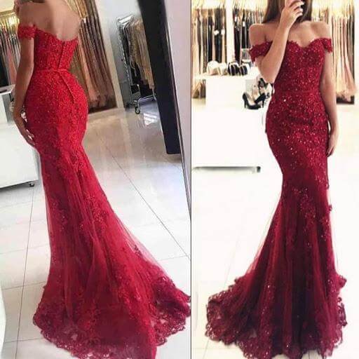 Wholesale Off The Shoulder Prom Dresses Mermaid Tulle With Applique And Beadings Covered Button