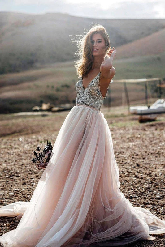 Wholesale Pink Beads A Line V- Neck Sexy Tulle Long Sleeveless Beach Wedding Dresses Prom Dresses