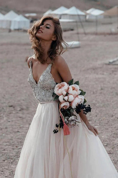 Wholesale Pink Beads A Line V- Neck Sexy Tulle Long Sleeveless Beach Wedding Dresses Prom Dresses