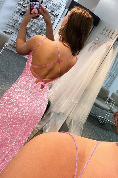 Wholesale Mermaid Glitter Sequins Sexy Pink Backless Long Prom Dress prom dresses shops