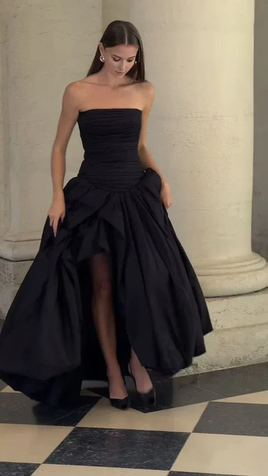 TingPo Wholesale Pretty Ball Gown Strapless Black Satin Long Prom Dresses With Ruffles Evening Dress