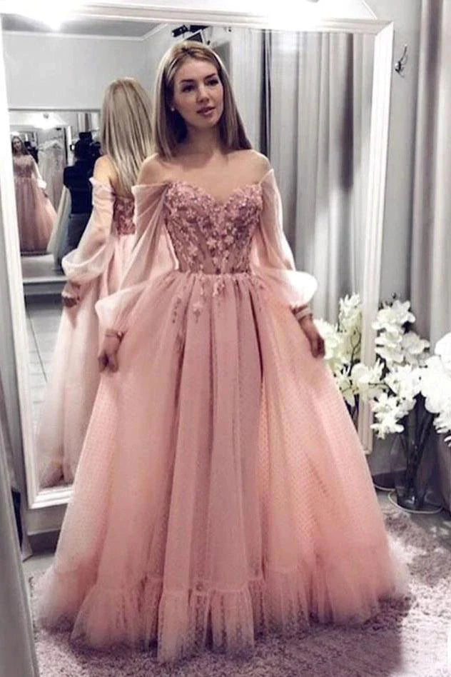 Wholesale Princess Ball Gown Blush Pink Lace Off the Shoulder Prom Dresses With Long Sleeves