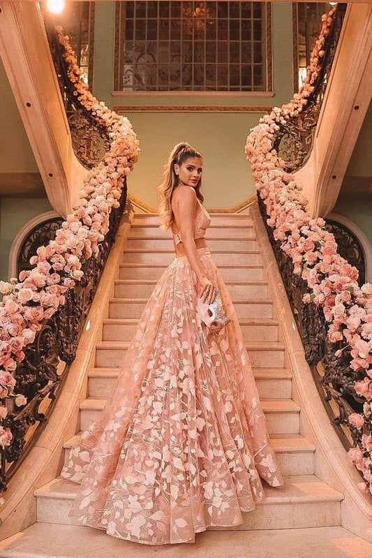 Wholesale Princess Halter Backless Pink Lace Prom Dresses Appliques With Two Piece Floral Formal Dress