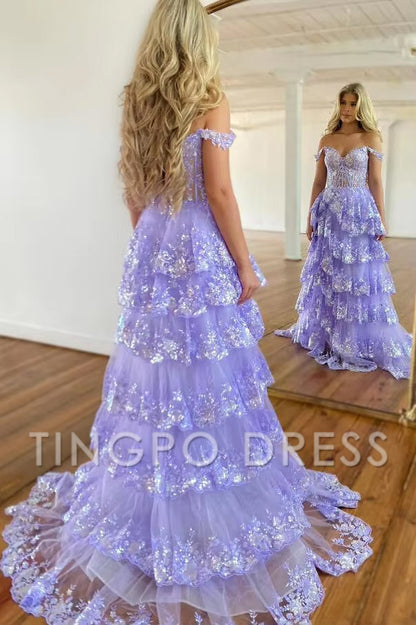 TingPo Wholesale Tulle Appliques Off-the-Shoulder Ruffle Long Prom Dress Sweetheart Tiered Skirt Corset Lace Formal Dresses