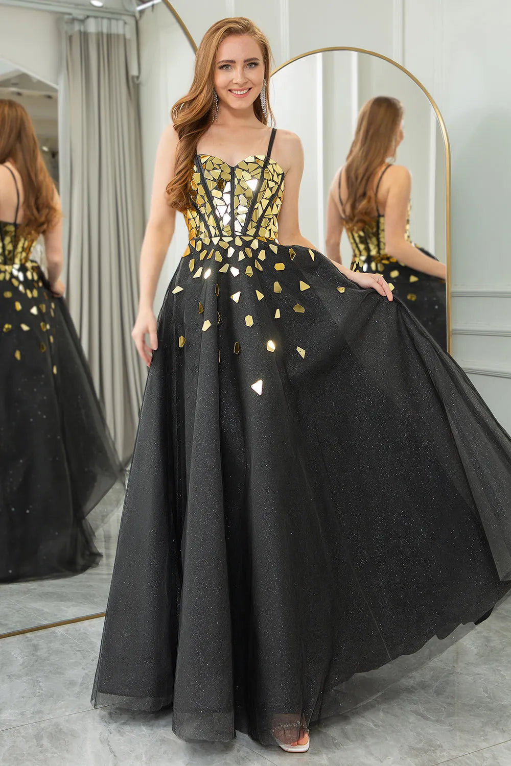 Wholesale Glitter Black Golden A Line Spaghetti Straps Long Prom Dress With Mirror prom dresses shops