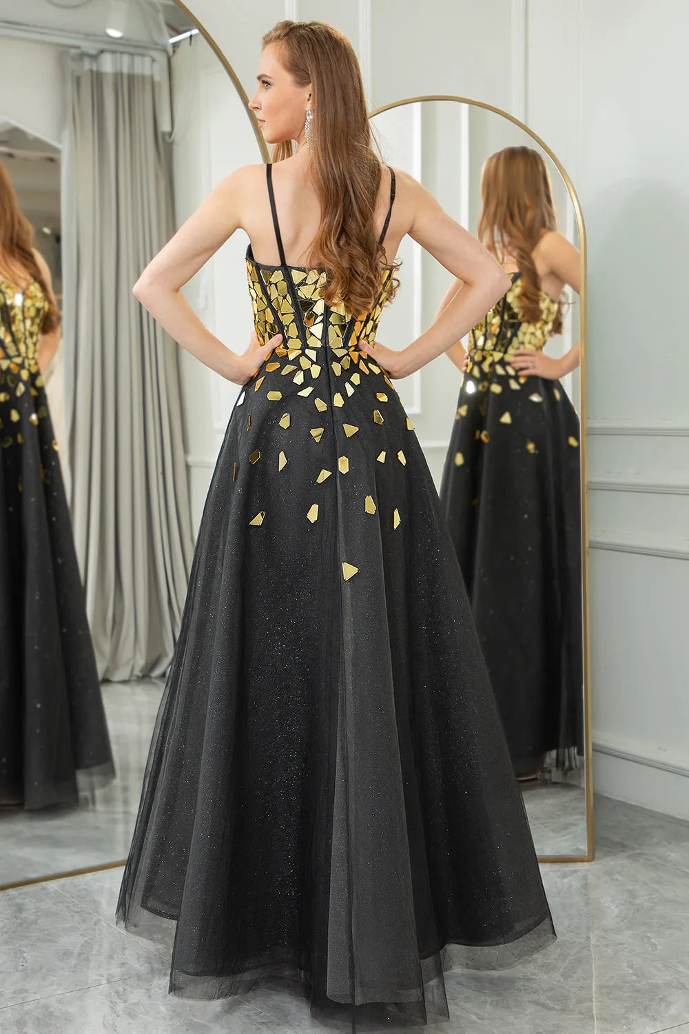 Wholesale Glitter Black Golden A Line Spaghetti Straps Long Prom Dress With Mirror prom dresses shops