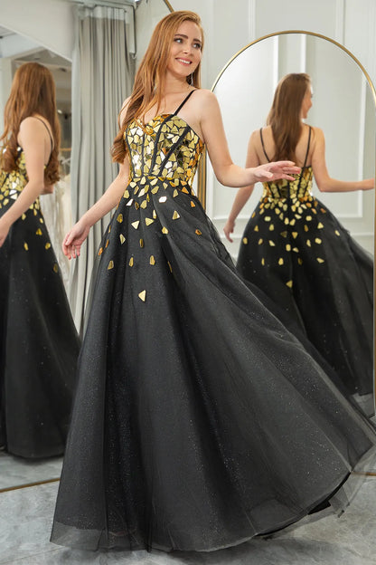 Wholesale Glitter Black Golden A Line Spaghetti Straps Long Prom Dress With Mirror prom dresses shops