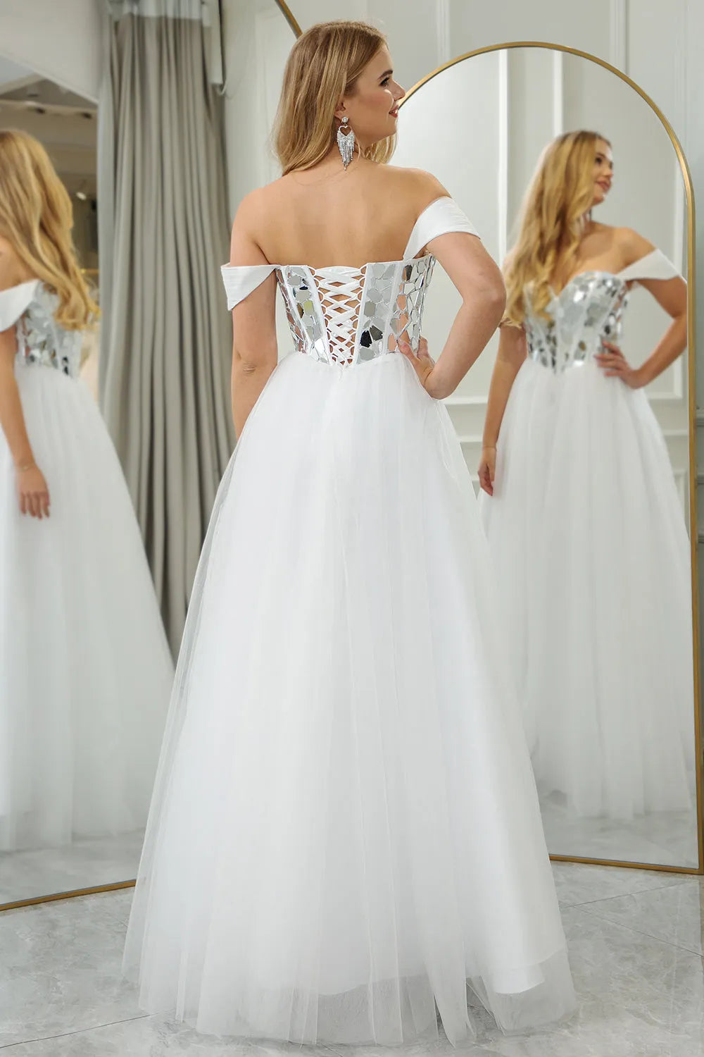 Wholesale Elegant White A Line Off the Shoulder Long Tulle Prom Dress With Mirror prom dresses shops