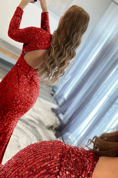 Wholesale Mermaid Glitter Red Sequins Mesh Evening Dress Backless Prom Dress prom dresses shops