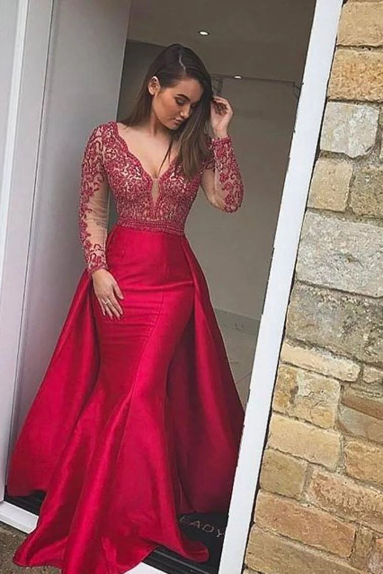 Wholesale Red Prom Dress Satin V Neck With Pearled Bodice And Long Train