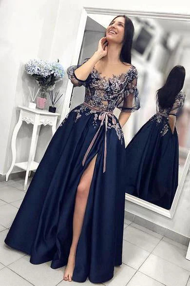 Wholesale Satin A line Short Sleeve Blue Prom Dresses with High Slit, Long Evening Dresses with Pockets