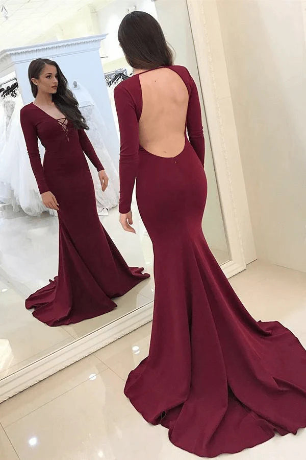 Wholesale Satin Fabulous Black Halter Deep V-neck Long Sleeve Sexy Prom Dresses