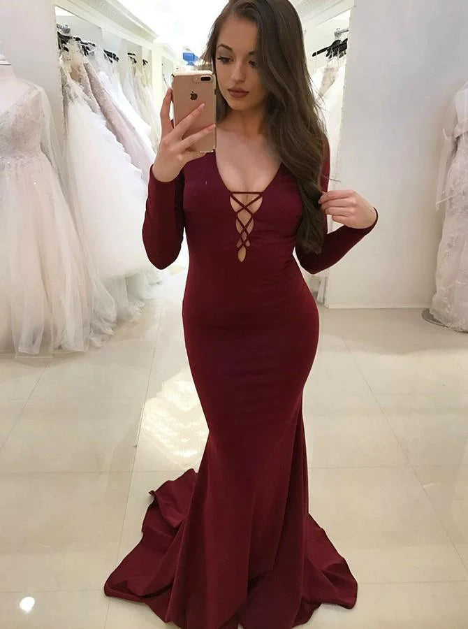 Wholesale Satin Fabulous Black Halter Deep V-neck Long Sleeve Sexy Prom Dresses