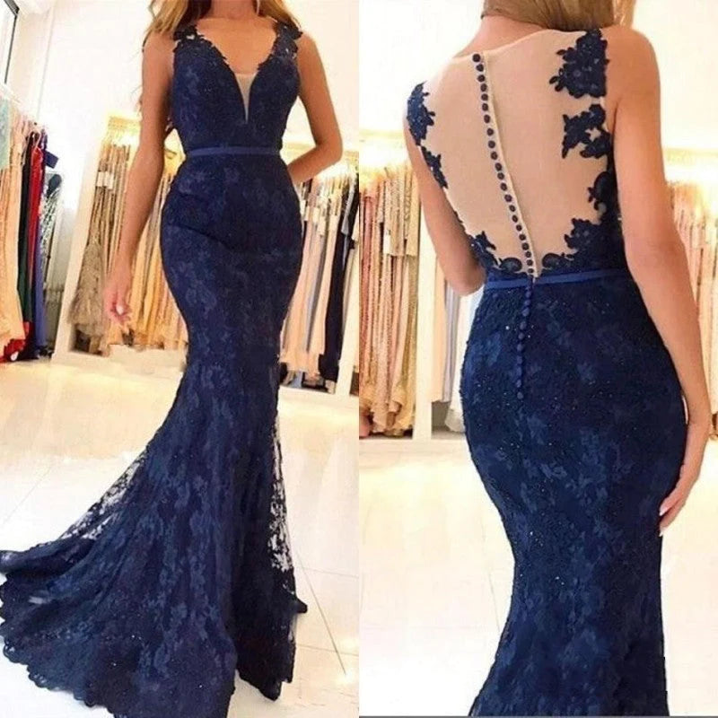 Wholesale Sexy Mermaid Lace Appliques V Neck Beads Sleeveless Long Prom Dresses