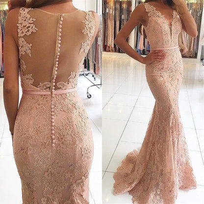 Wholesale Sexy Mermaid Lace Appliques V Neck Beads Sleeveless Long Prom Dresses