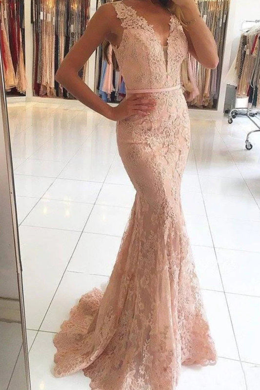 Wholesale Sexy Mermaid Lace Appliques V Neck Beads Sleeveless Long Prom Dresses