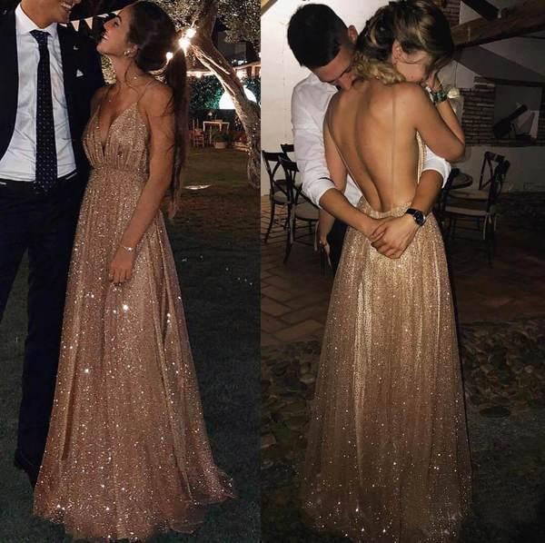 Wholesale Sexy Sequin Tulle Backless Spaghetti Straps V Neck Long Evening Prom Dresses