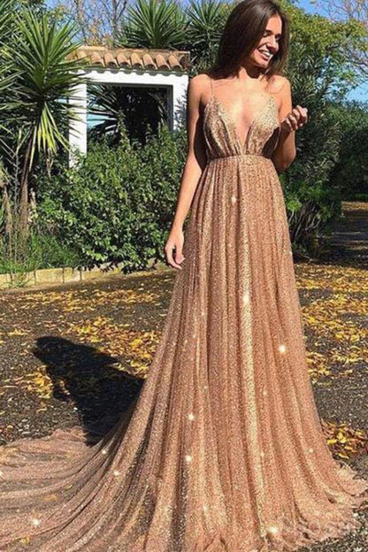 Wholesale Sexy Sequin Tulle Backless Spaghetti Straps V Neck Long Evening Prom Dresses